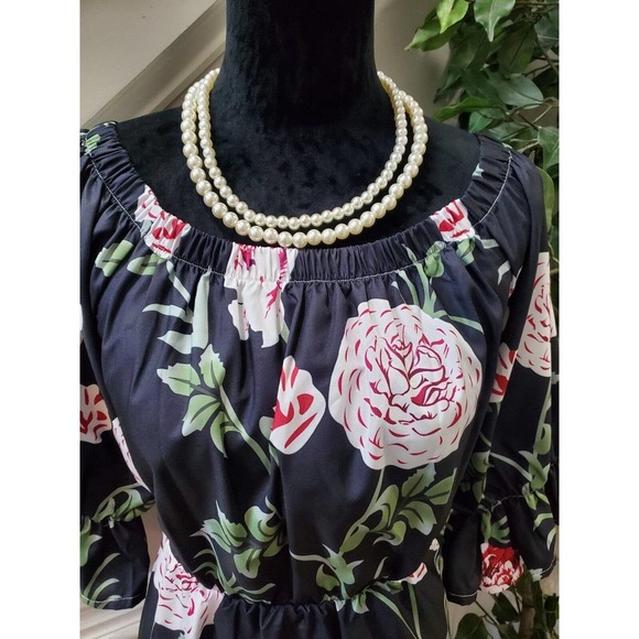SHEIN Women's Black Floral Polyester Round Neck Off Shoulder Length Dress M - Picture 2 of 10